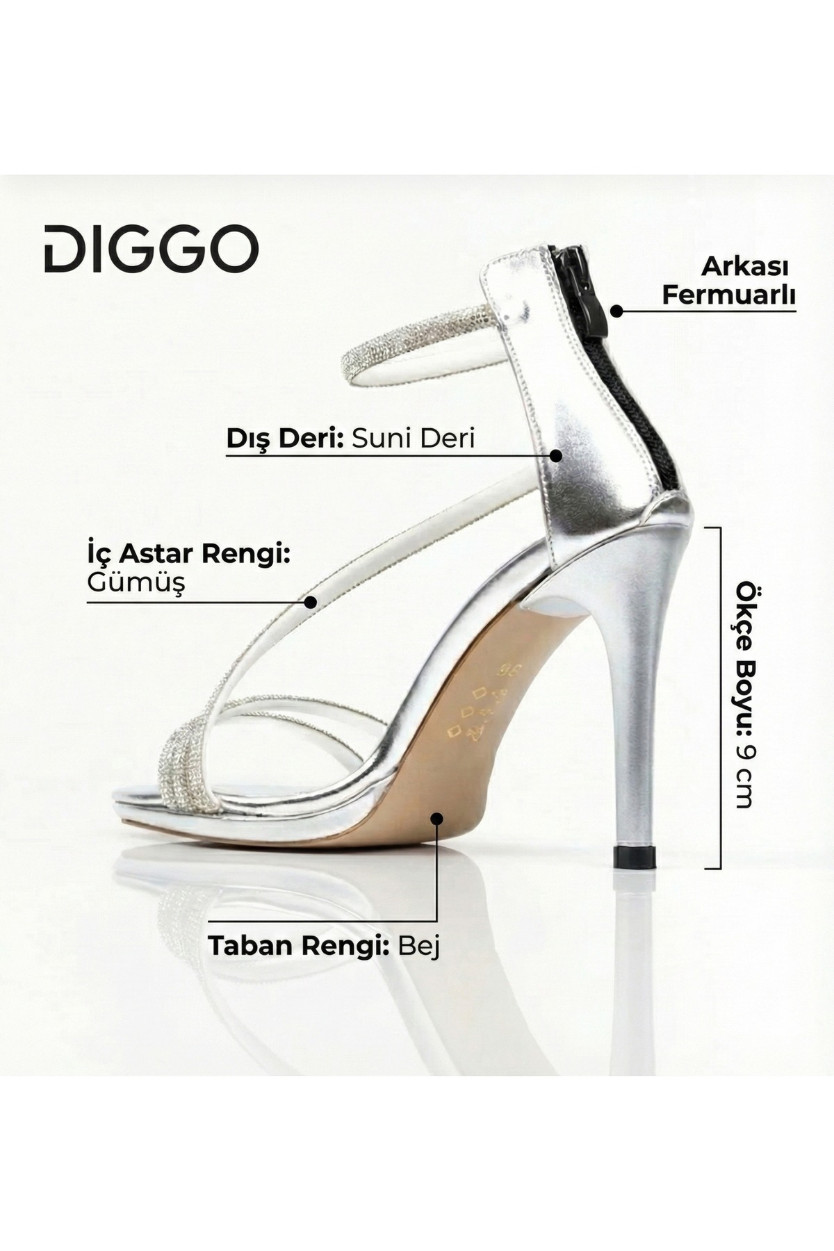 Gümüş Kadın Taşlı Yüksek Topuklu Fermuarlı Abiye Ayakkabı