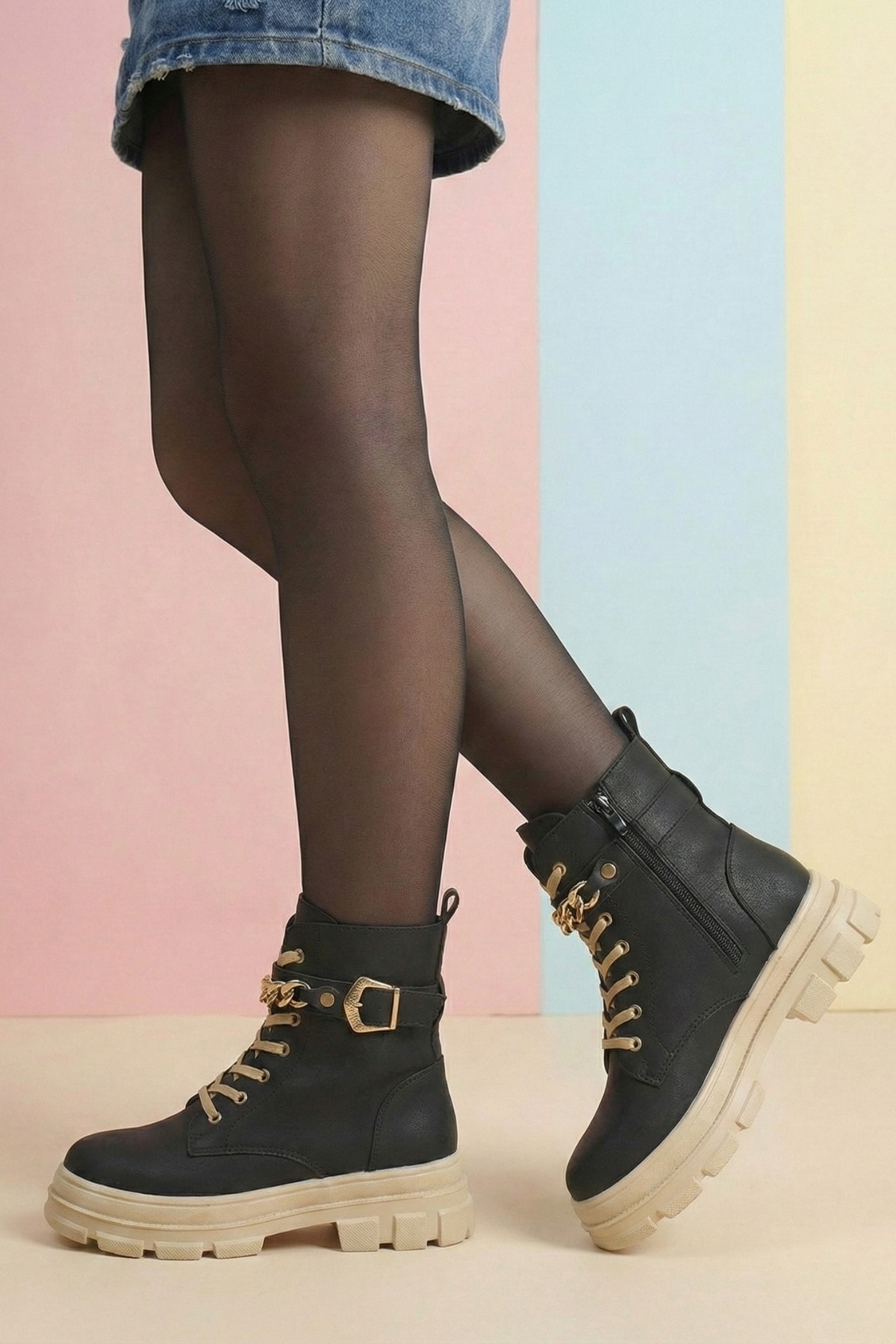  Zincir Detaylı Kız Çocuk Bot İçi Polarlı Fermuarlı Günlük Bot Hafif Taban