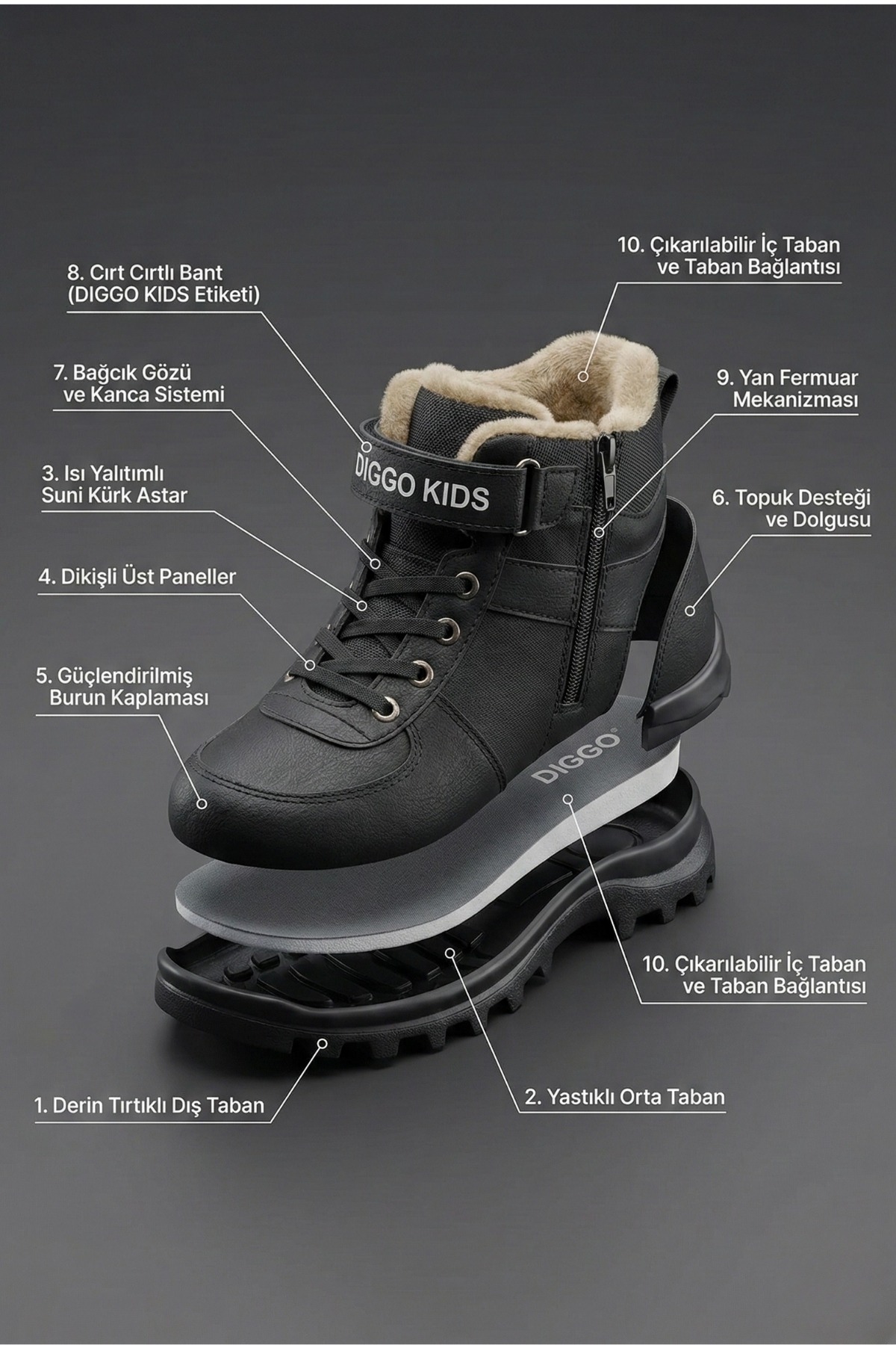 Siyah Dayanıklı Fermuarlı Erkek Çocuk İçi Polarlı Bot