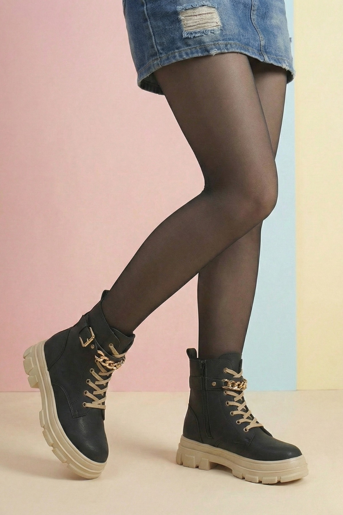  Zincir Detaylı Kız Çocuk Bot İçi Polarlı Fermuarlı Günlük Bot Hafif Taban