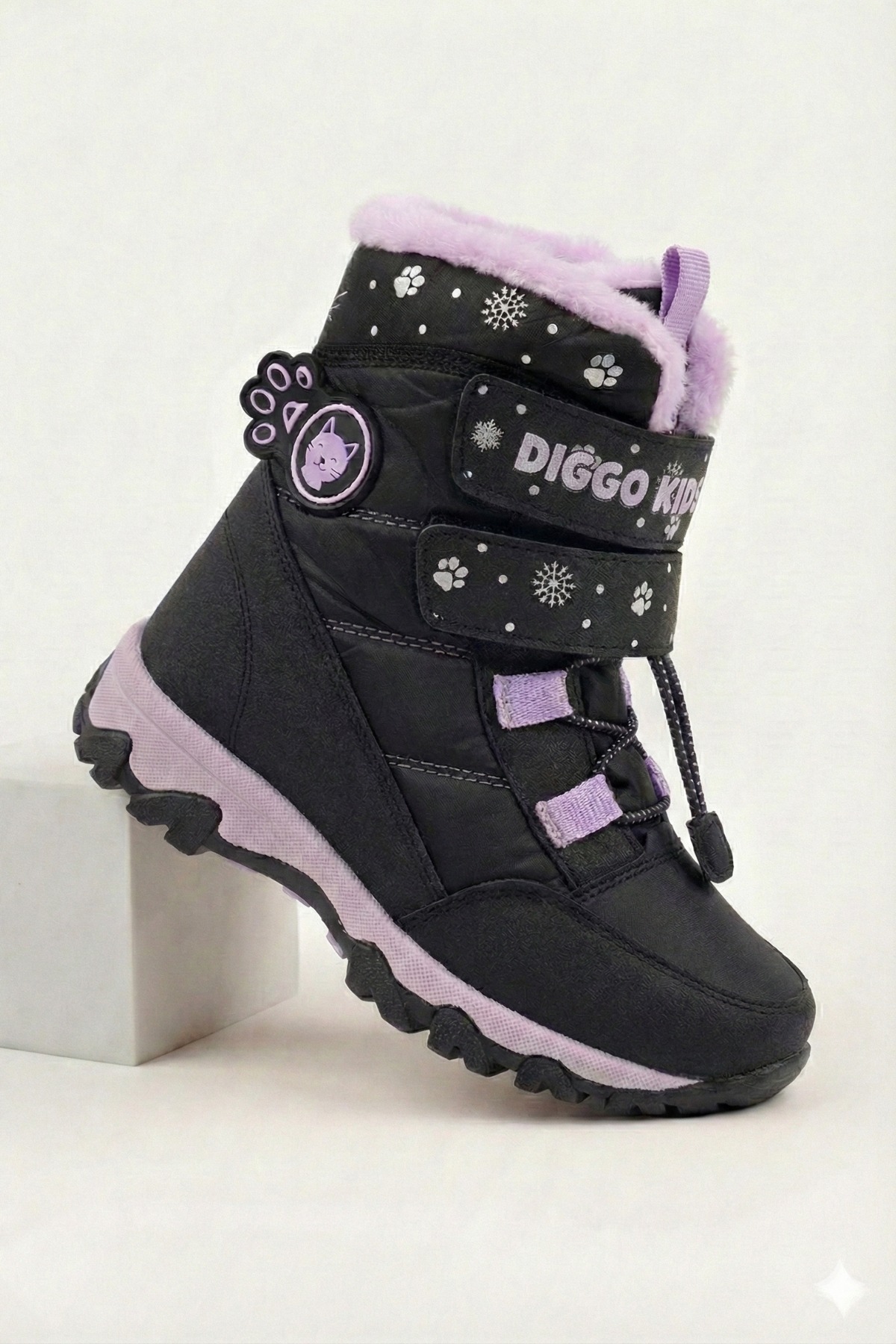 Kız Çocuk Kar Botu Ayakkabı Dayanıklı, Su Geçirmez, Ortopedik, Cırtlı, Siyah-Lila